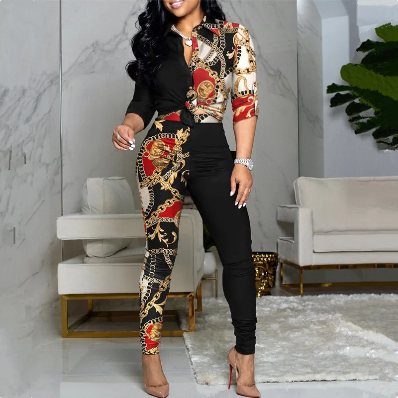 New Trendy Autumn Women 2 Pieces Set Plaid Print Button Down Top & High Waist Pants Set button front plaid print pants