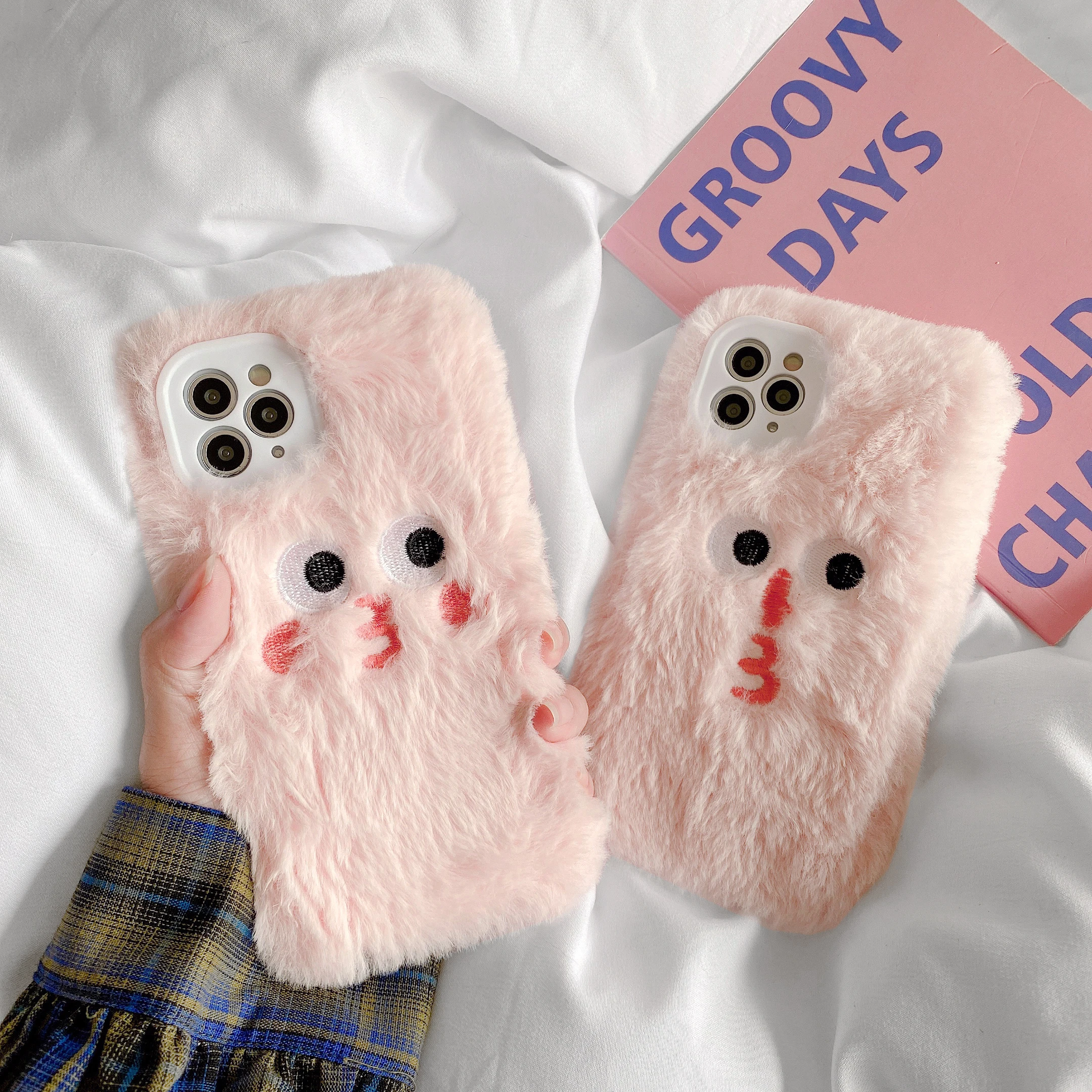 

Pink powder Cute 3D Cat Warm Plush Phone Case for iPhone 11 Pro Max 12 13 Pro Max XS MAX X XR 7 8 Plus Soft Cover Fundas Bag