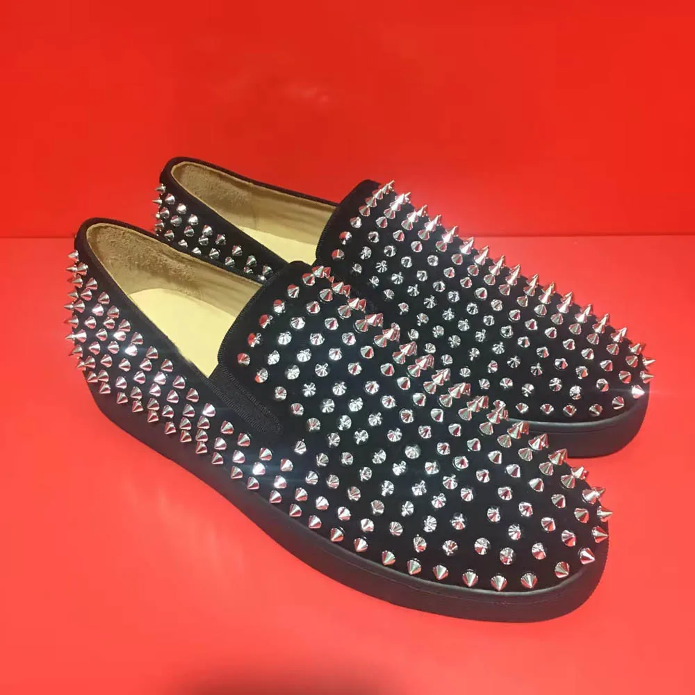 

Red Bottom Women Black Suede Genuine Leather Low Cut Spikes Loafers Casual Slip On Sneaker Shoes For Men Full Silver Rivets Flat