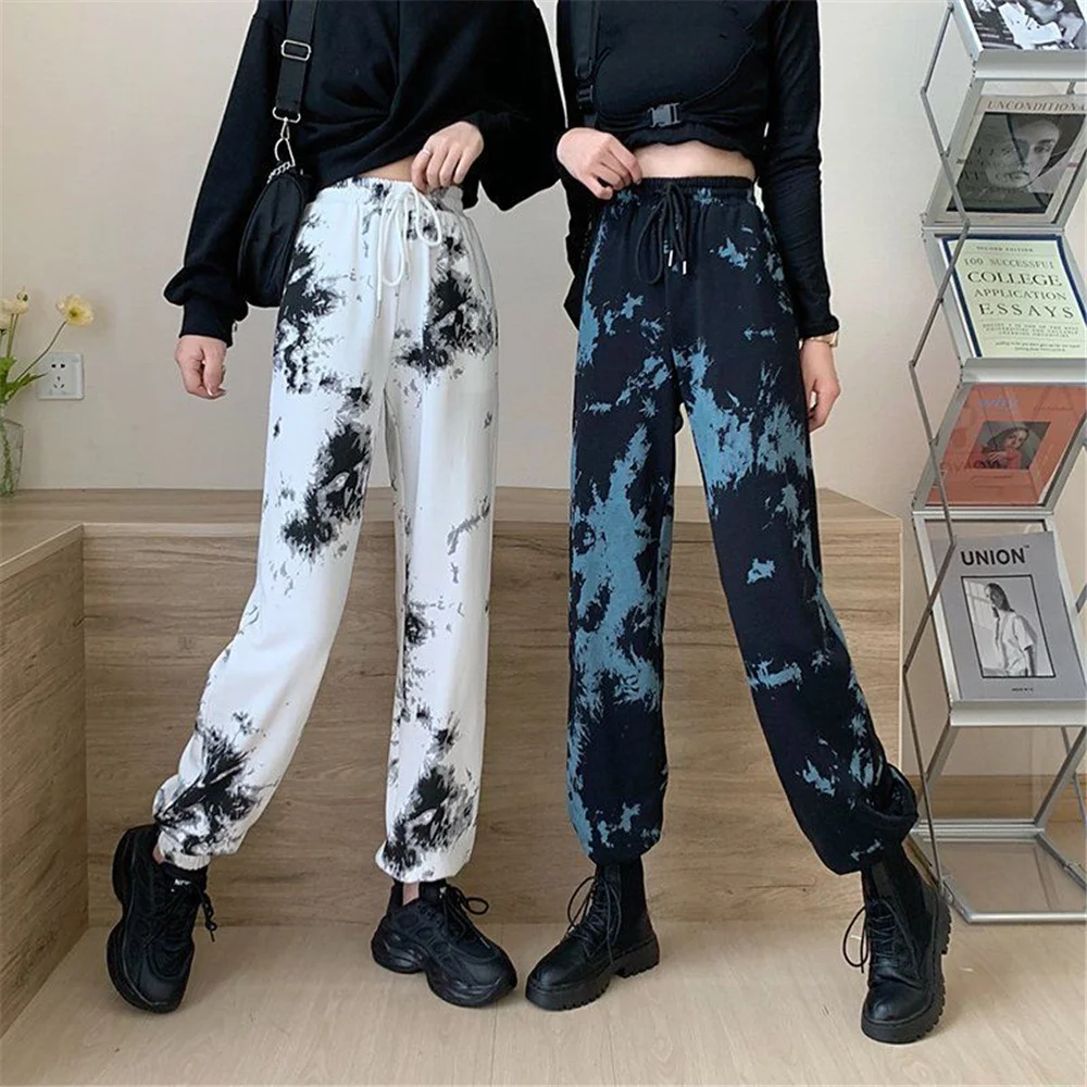 

DAILOU Casual Pants Women Plus Size Loose Tie-dye Printed Trousers High Street All-match Summer Fashion Straight-leg Long Pants