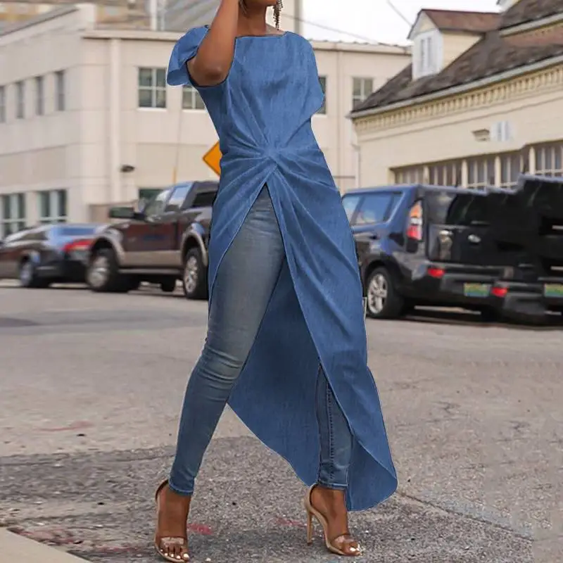 

Джинсовые топы, Женская Офисная туника, летняя Длинная блузка VONDA 2022, повседневные нестандартные праздвечерние чные рубашки с коротким рука...