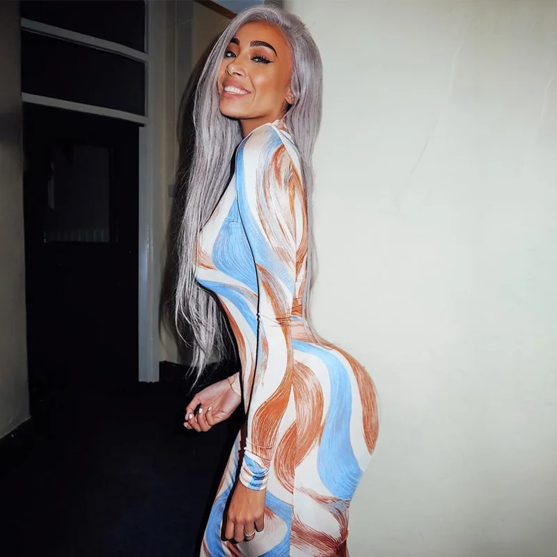 ANJAMANOR Модное Длинное Платье с принтом женская сексуальная клубная одежда дамские