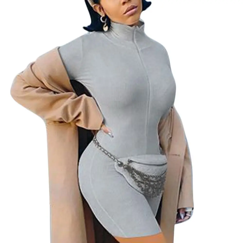 

Turtleneck Knit Rib Bodycon Fitness Playsuit Sportswear Long Sleeve Zipper Body Embroidery Lucky Rompers Womens Jumpsuit