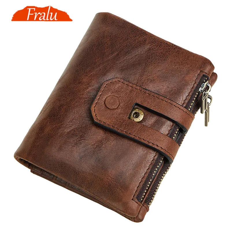 

FRALU Wallet Men Leather Genuine Vintage Coin Purse Zipper&Hasp Men Wallets Small Perse Solid RFID Card Holder Carteira Hombre