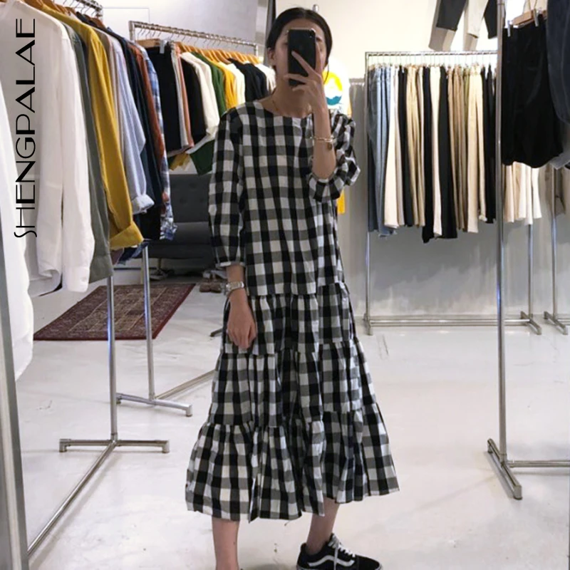 SHENGPALAE 2021 Новое весеннее женское клетчатое платье до середины икры с рукавом