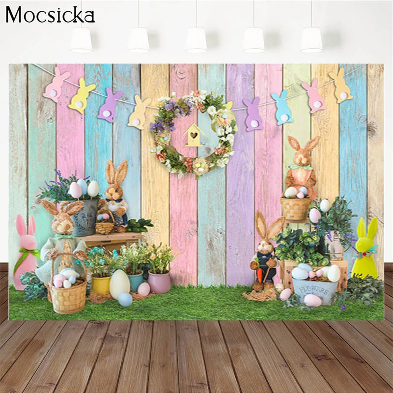 

Mocsicka Easter Photography Background Colorful Wooden Planks Bunny Eggs Decoration Props Child Portrait Photo Backdrop Studio