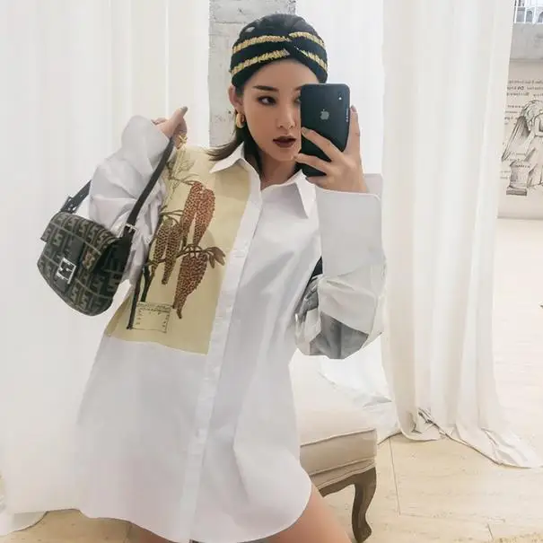 Рубашки с принтом для женщин воротник лацканами длинный рукав хит цветов большие