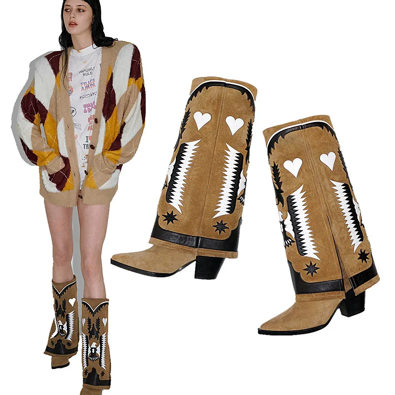 

Retro Bird Western Boots Genuine Leather Women's Heart-Shaped Embroidered Cowboy Boots Winter Boots Wedge Thick Heel High Boots