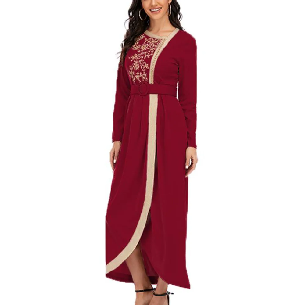 

Женское платье с вышивкой, мусульманское платье с длинным рукавом, Женский исламский кафтан Дубая с поясом, элегантные вечерние платья макс...