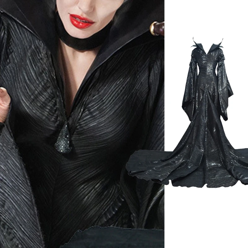 

Women Halloween Black Maxi Long Dress Gown Evil Queen Witch Cosplay Costume Prop