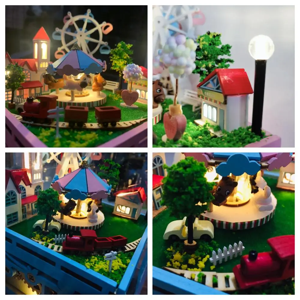 

Carousel Ferris Wheel Music Box DIY Wooden Dollhouses Mini Villa Kit Assembled Miniature Doll House Toys For Children Adult Gift