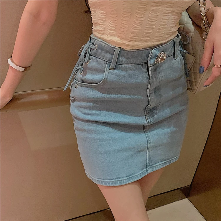 

Korean Chic Diamond Buckle High Waist Denim Skirt Straps Sexy Short Skirt Plus Size Summer Streetwear Lace Up Mini Saia