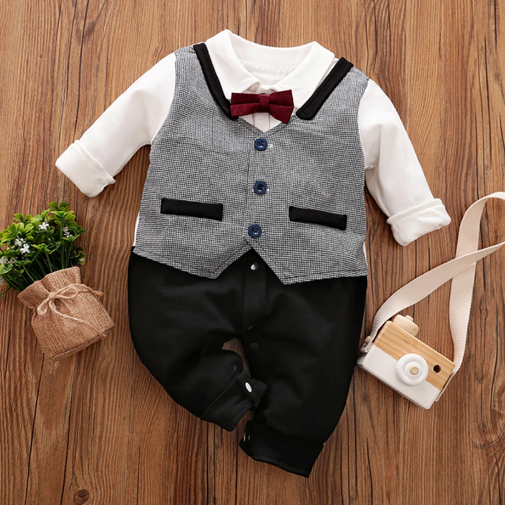Malapina 2021 Newborn Baby Boy Clothes Gentleman Suit Tuxedo Romper Jumpsuit Overalls Infant Outfit with Bow Tie Baptism Costume