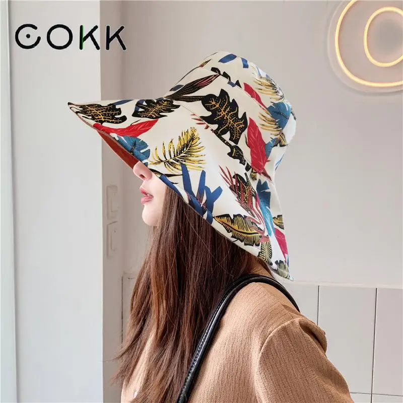 

COKK Bucket Hat Summer Women Spring Flower Leaf Print Fisherman Cap Sunshade Sun Hat Female Folding Casual Big Wide Brim Sunhat
