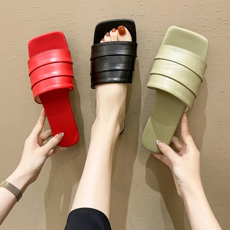 

2021 Summer Women Flat Slippers Pleated Leather Beach Slides Square Toe Home Slippers Fashion Soft Casual Flats Shoes Women
