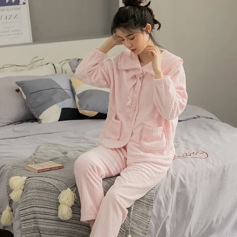 Flannel Pajamas Women Thicken Keep Warm Winter Tracksuit Korean Girls Outside Wear Coral Velvet Suits Sleepwear Two Piece Set