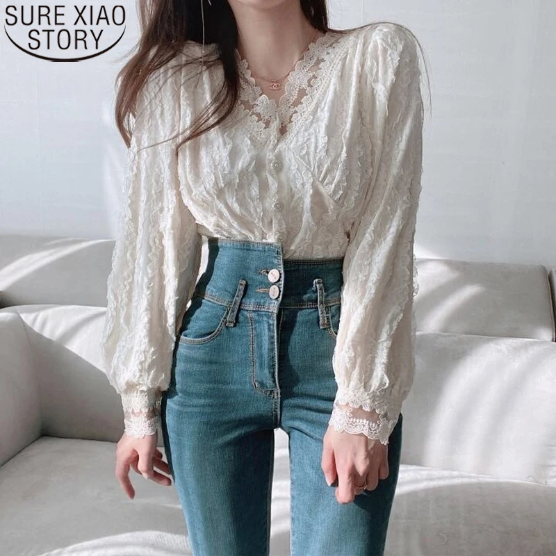 

20201 New Sweet Women Blouse Korean Chic Lace Shirt Women Tops V-neck Spring Long Sleeve Button Up Shirt Clothes Blusas 13334