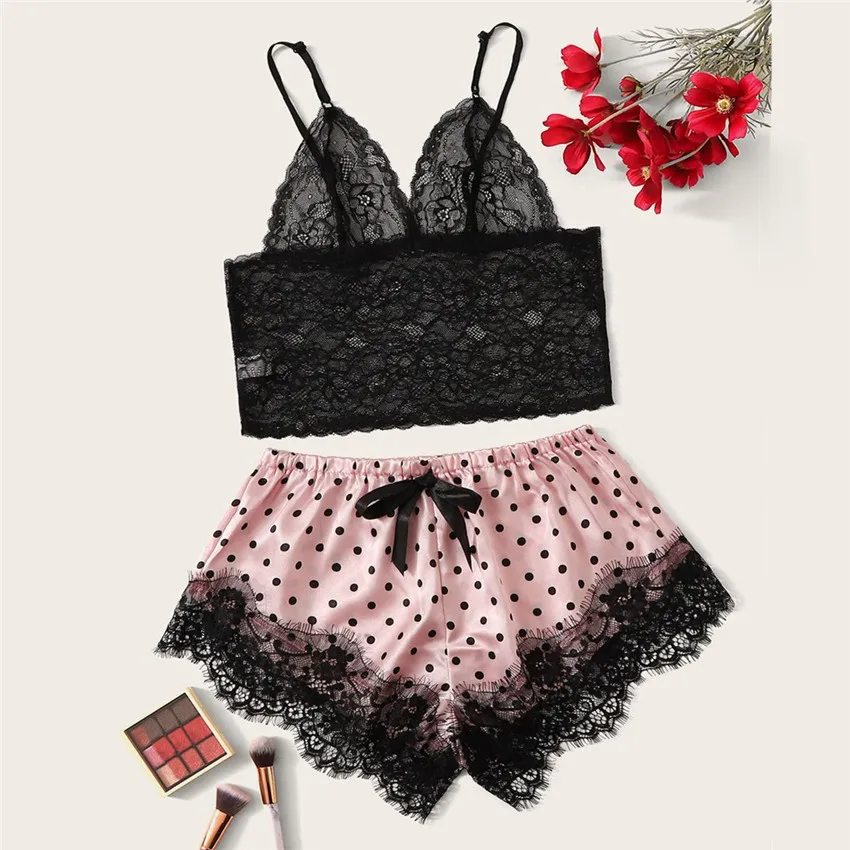 

Women Sleep Wear Sexy Lingerie Satin Lace V-Neck Camisole Shorts Set Sleepwear Pajamas Women Sexy Clothes