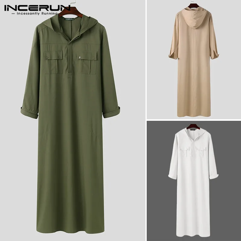 Solid Muslim Robes Mens Long Sleeve Buttons Jubba Thobe Men Autumn Hooded Mult Pockets Kaftan Islamic Clothing S-5XL INCERUN 7
