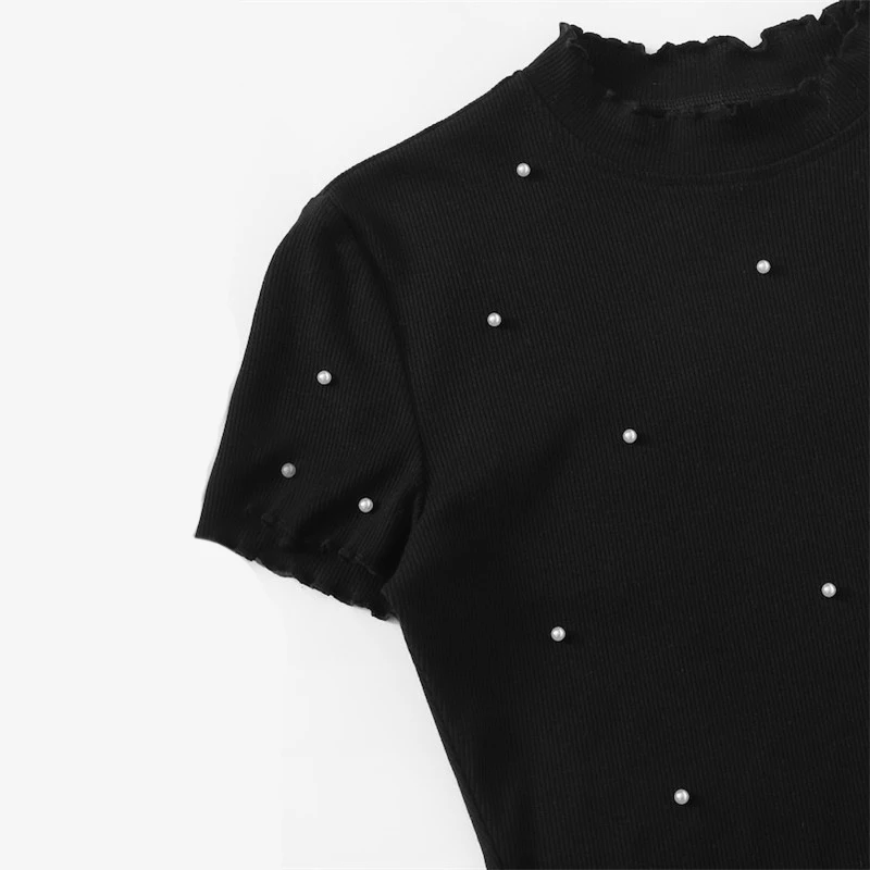 ROMWE Черный насыщенный салат отделкой жемчугом Бисер Crop Tee Для женщин Лето Элегантный Воротник-стойка футболки женские, облегающие Топы