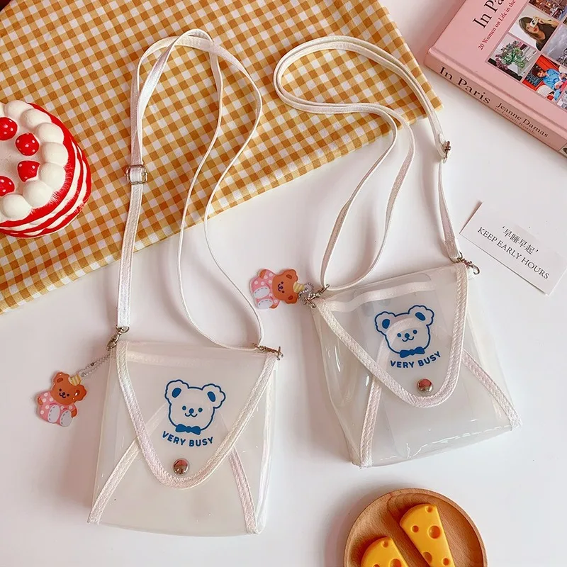 

Japanese style School Girls Korea Summer Bear Jelly Transparent messenger bag Waterproof Girls Cute Crossbody Shoulder bag