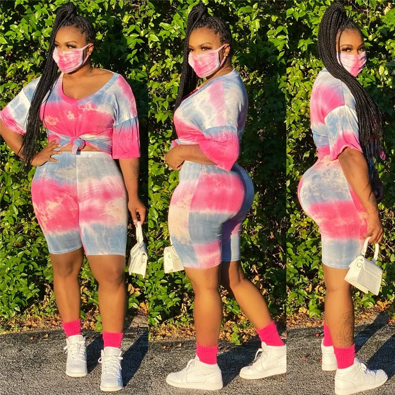 

Women Tie Dyeing Print Two-pieces Set Summer Clothes V-neck Short Sleeve T-shirt High Waist Sports Shorts Pants Plus Size XL-4XL
