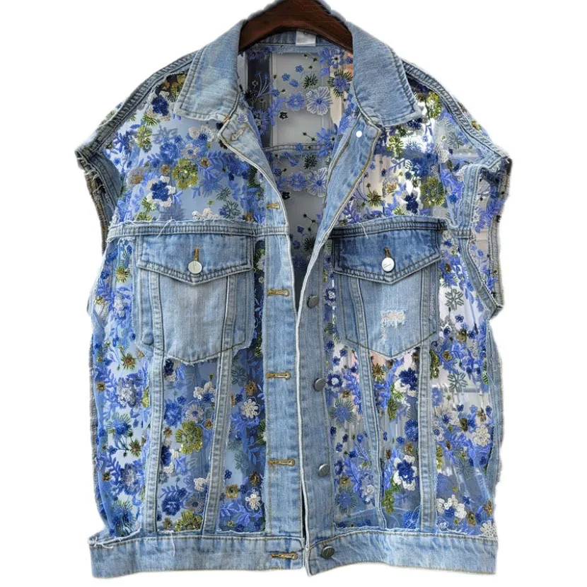 

SeeBeautiful Sequins Embroidery Net Yarn Stitching Loose Denim Vest Lapel Sleevless Button Woman Summer 2021 New Fashion E593