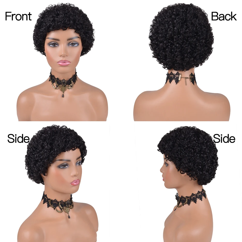 Short Curly Human Hair Wigs Pixie Cut Brazilian Remy Short Wigs Human Hair Natural Black 180% Density Kinky Curly Wig for Woman