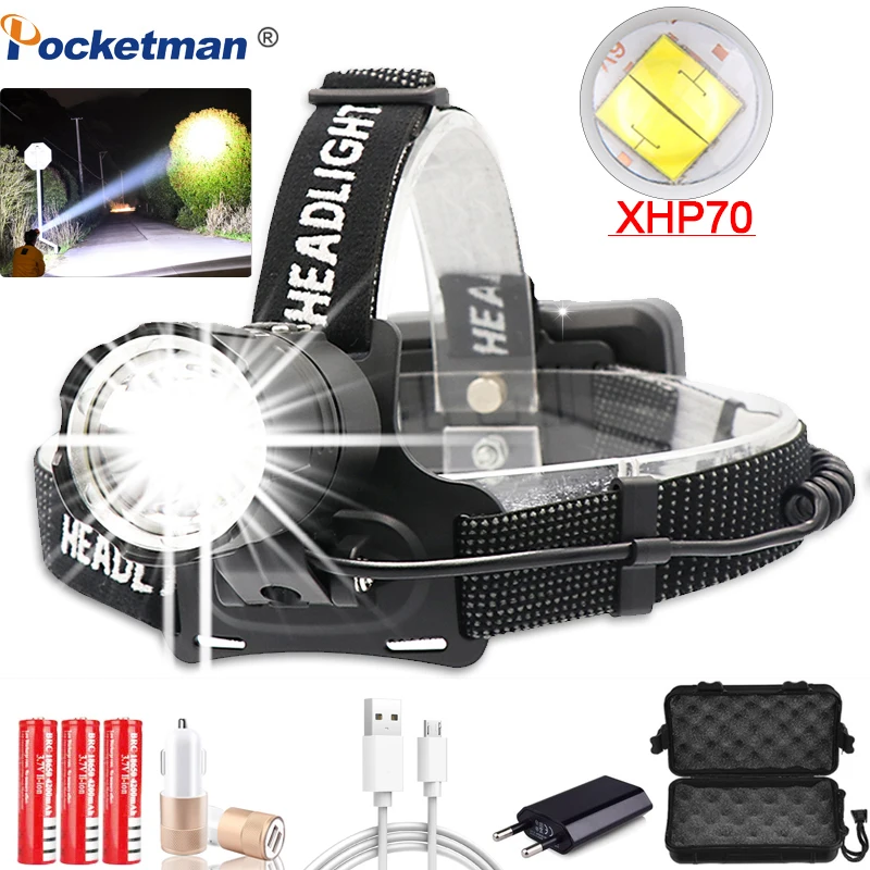 Налобный фонарь XHP70.2 супер яркий светодиодный с зарядкой от USB 3 аккумулятора 18650