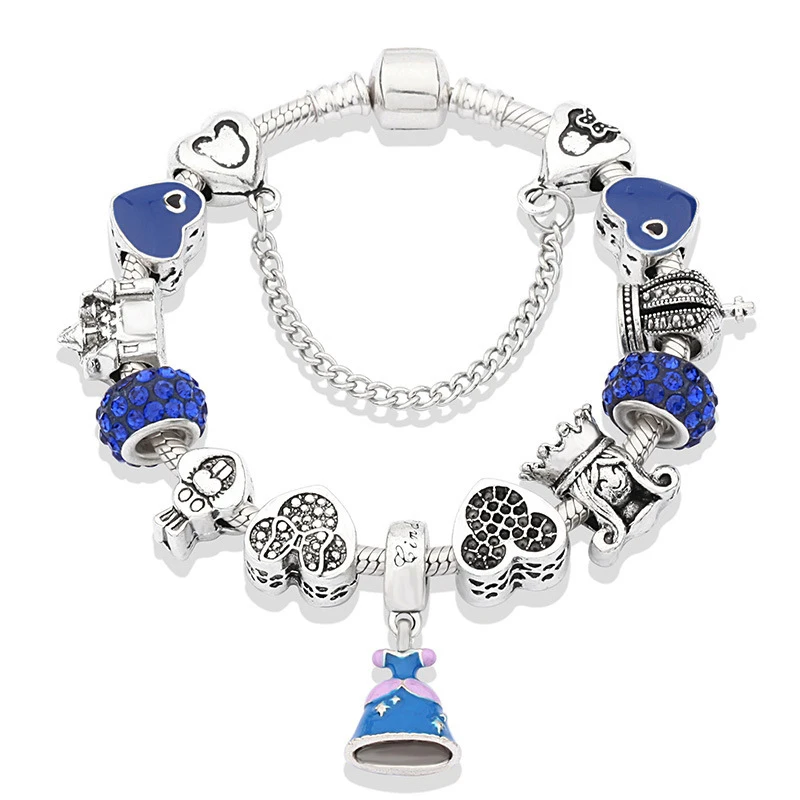 

ATTRACTTO Fashion Blue Bell Crystal Bracelets&Bangles Charm Silver Rabbit&Crown Bracelet For Women Chain DIY Bracelets SBR190537