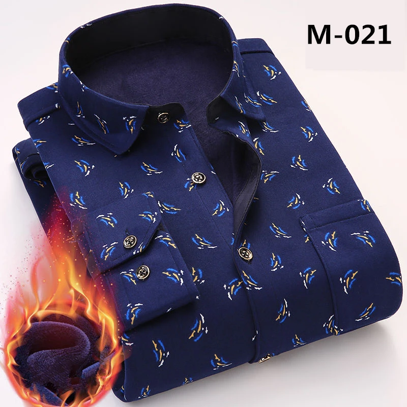 Fashion Men's Print Plaid Warm Thick Velvet Fleece Shirts Winter Long Sleeve Dress Shirt for Men Soft Flannel Camisa Masculina