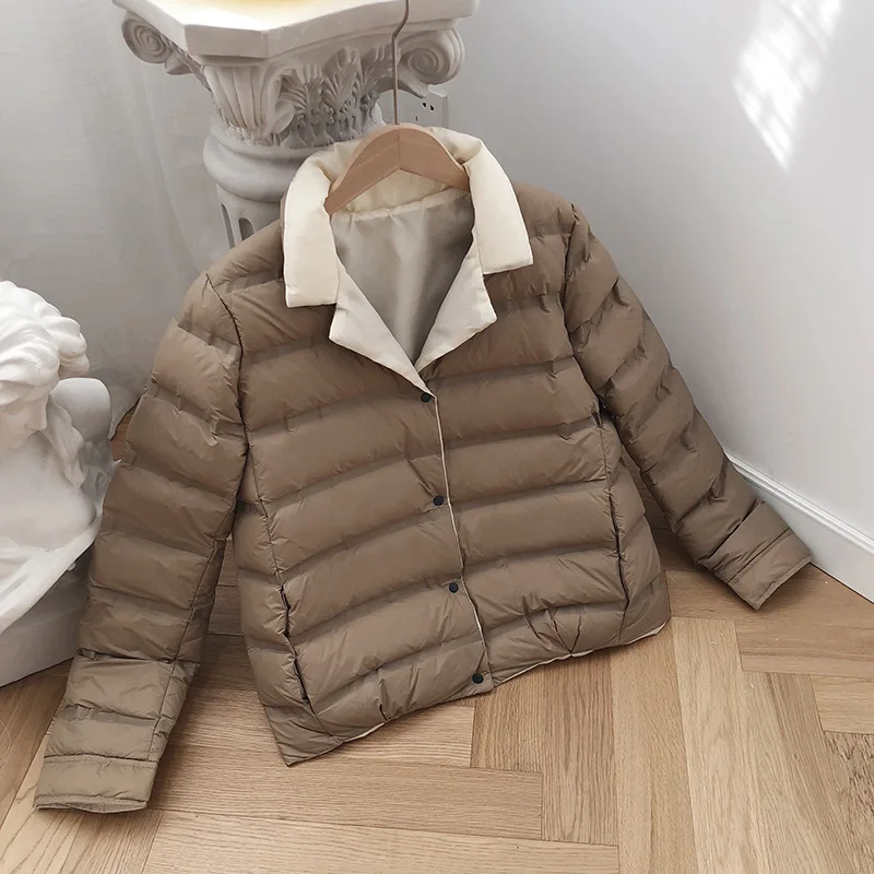 Женская Двухсторонняя куртка на утином пуху короткая парка белом однобортное