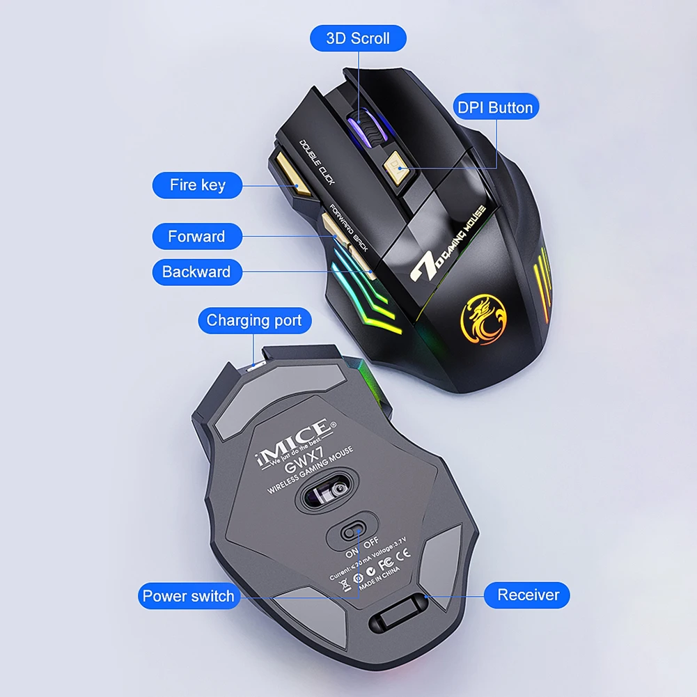 IMice GW-X7 2 4 ГГц перезаряжаемая беспроводная мышь RGB с 7 кнопками для компьютера