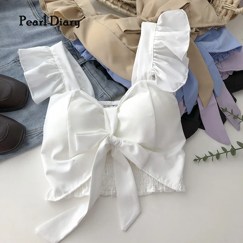 

Pearl Diary Women Big Bow Tops Summer Ruffle Sleeve Back Smocked Sweet Korean Style Woven Crop Tops
