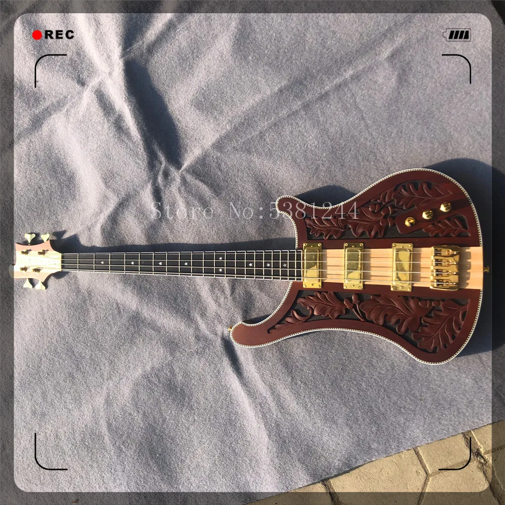 Гитара без груза красно коричневая электрическая бас с резными узорами 4 пикапа 20