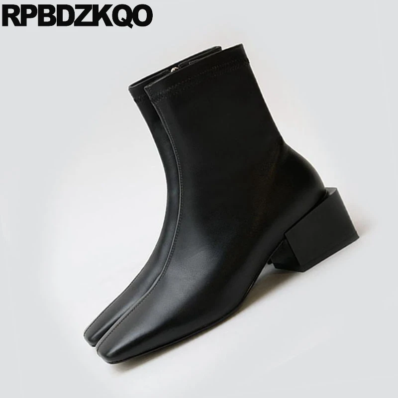 Женские короткие ботинки из натуральной кожи Черные ботильоны на толстом