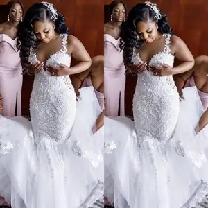 White African Lace Plus Size Mermaid Wedding Dresses Appliques Spaghetti Straps Wedding Dress Bridal Gowns vestidos