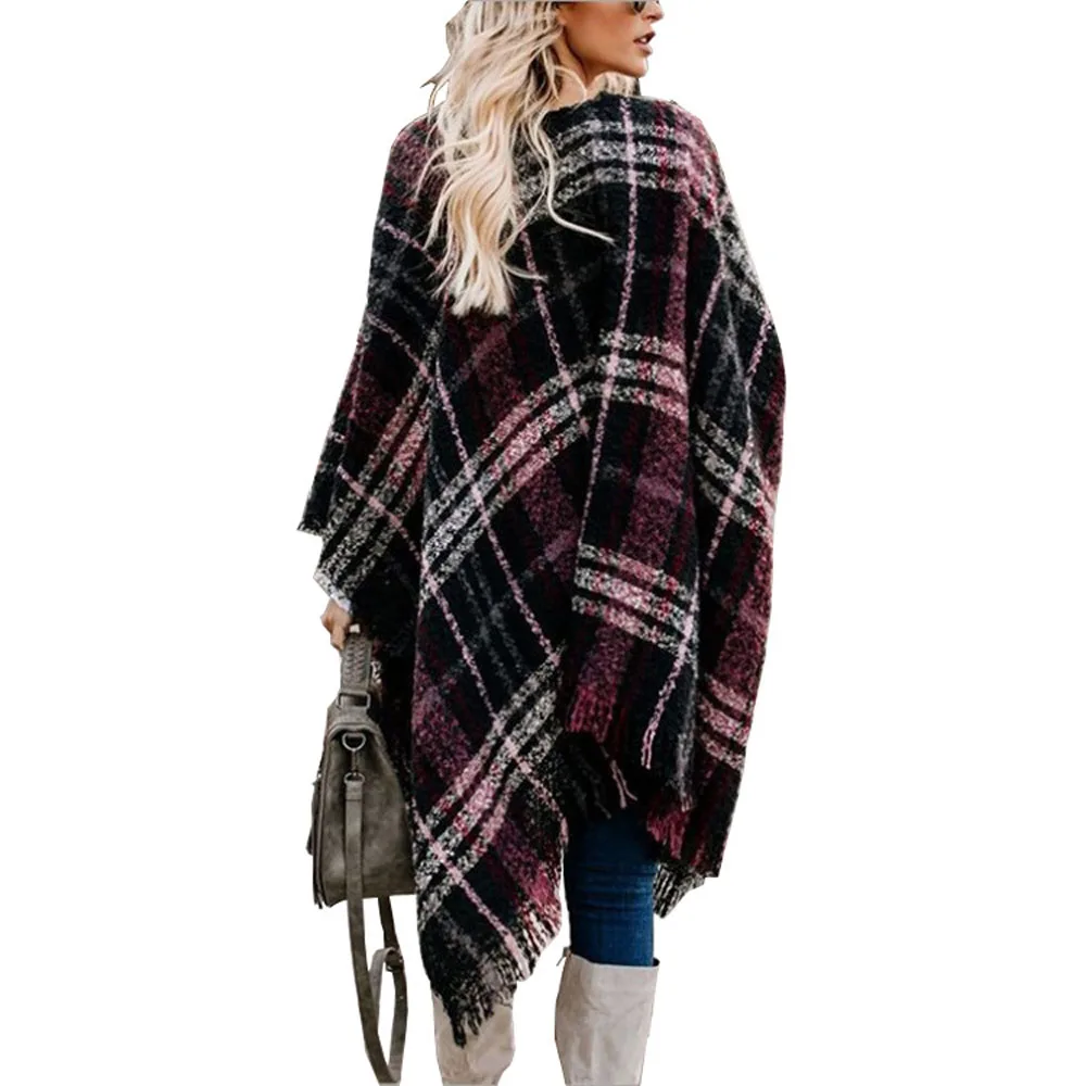 Женский вязаный кардиган винно-Красный Клетчатый теплый зимний шарф одеяло