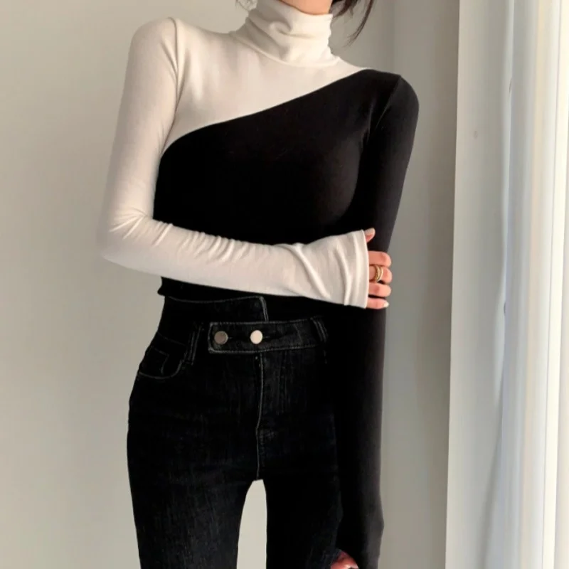 

High Collar Bottoming Shirt South Korea Spring New Fashion Slim Fit Black White Color Contrastshesam-B