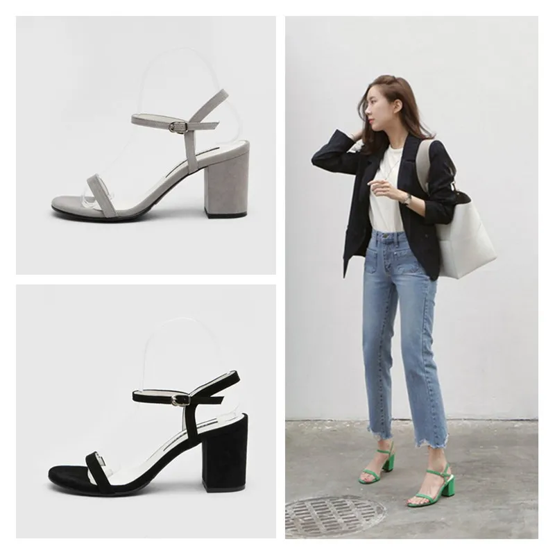 

2020 summer new professional ol sandals women one word buckle open toe chunky heels fashion flock high heels women's shoes 34-40