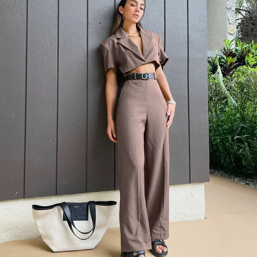 

2021 summer women's suit pants two-piece short-sleeved OL commuter brown Short Office Blazer Set wide-leg pants suit women