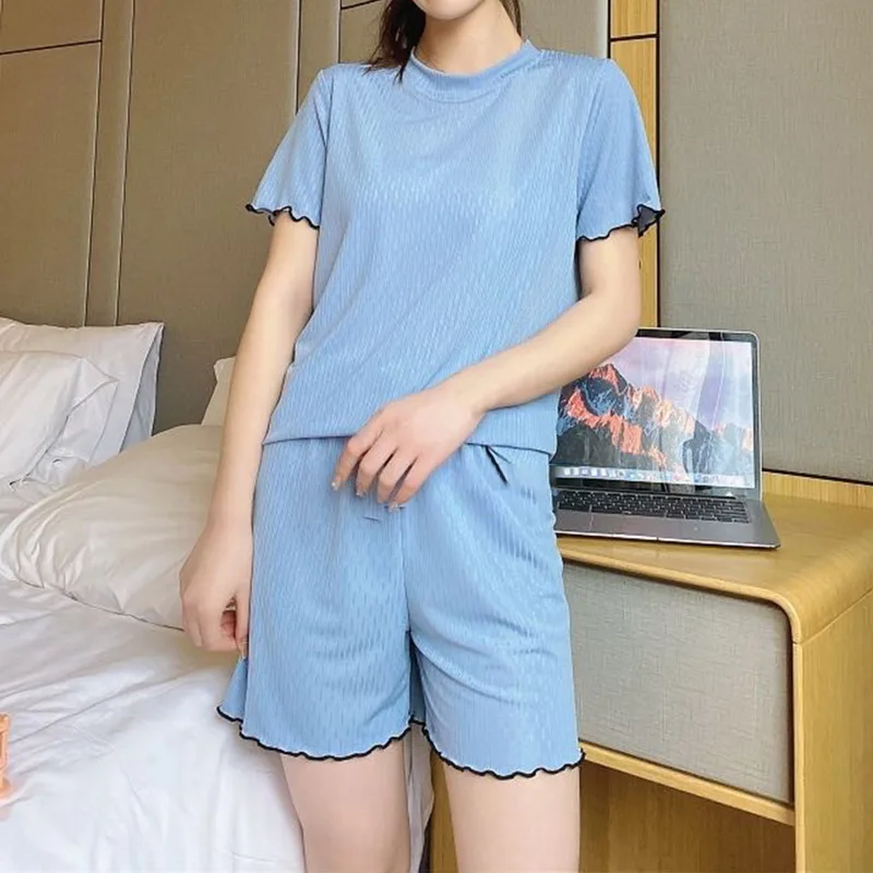 

Women Pajamas Sweet Casual Loose Nightwear Summer Short Sleeve Casual Sleepwear Trendy Ice Silk Shorts Soft Autumn Homewear Suit