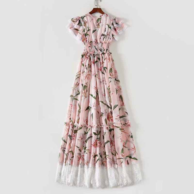 

VGH Vintage Print Floral Dress For Women O Neck Short Sleeve High Waist Patchwork Lace Elegant Midi Dresses Female Fashion Style