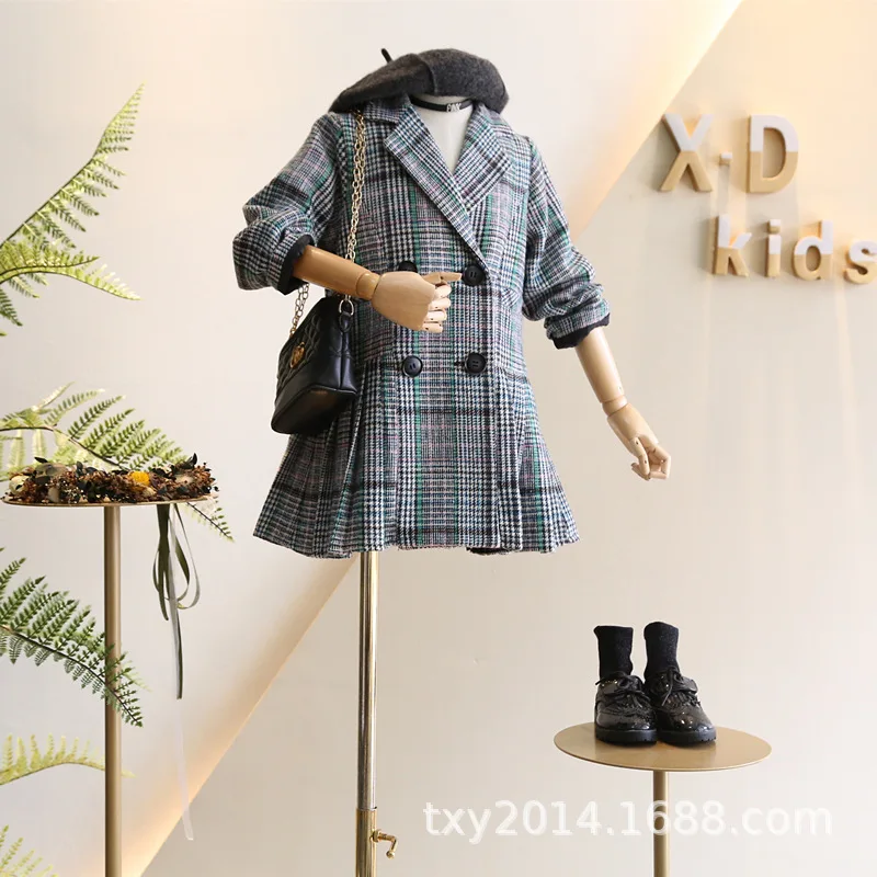 Children's jacket 2019 autumn and winter new girls retro tone tartan suit lapel three-dimensional pleated wrinkle dress | Детская