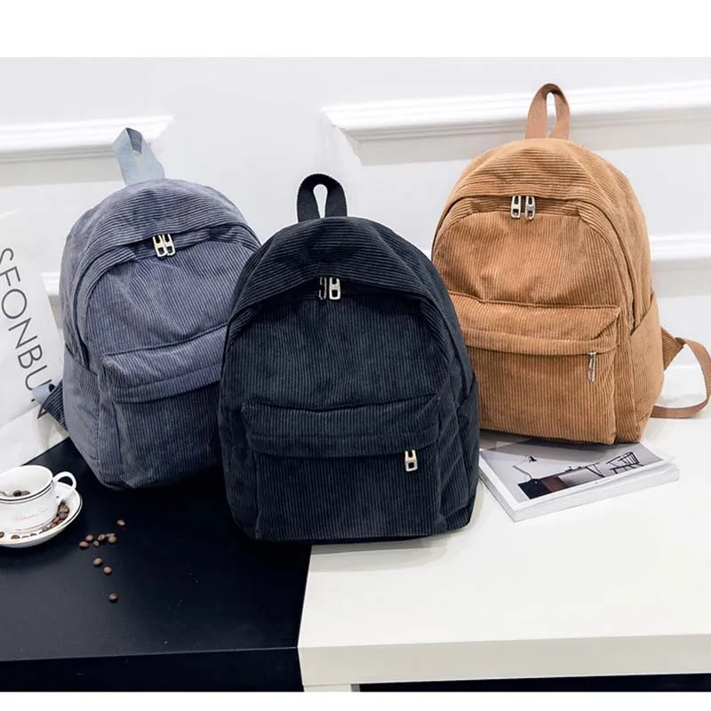 

New Corduroy Women Backpack Student School Bag College Style School Bag Soft Fabric Backpack