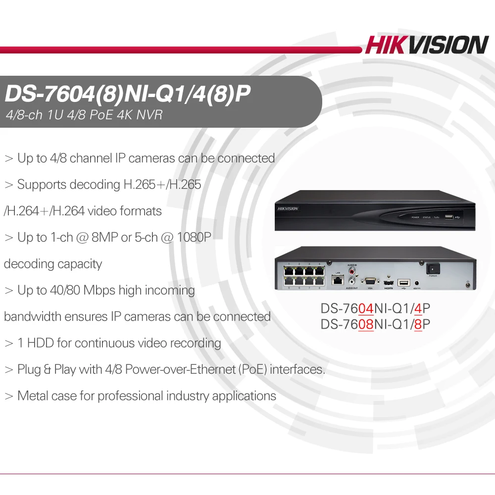 Сетевой видеорегистратор Hikvision PoE 4K NVR DS-7604NI-Q1/4P DS-7608NI-Q1/8P 4/8 каналов 8 Мп 1 SATA для