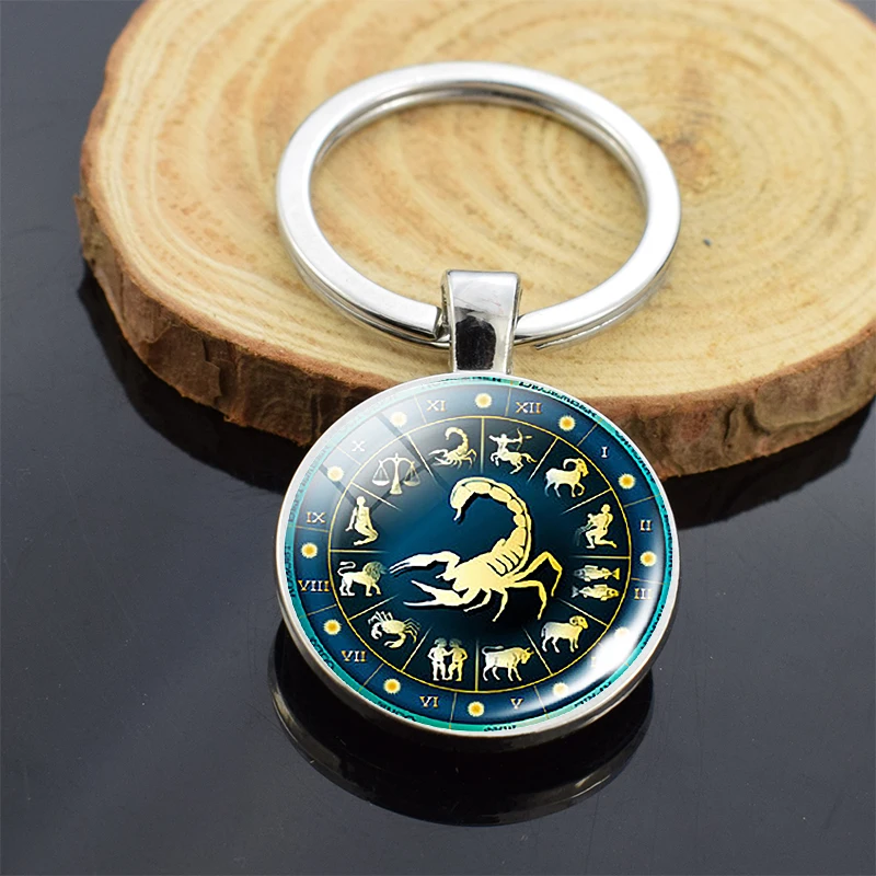 Двусторонний 12 Созвездие Знак зодиака брелок со стеклянным кабошоном для ключей