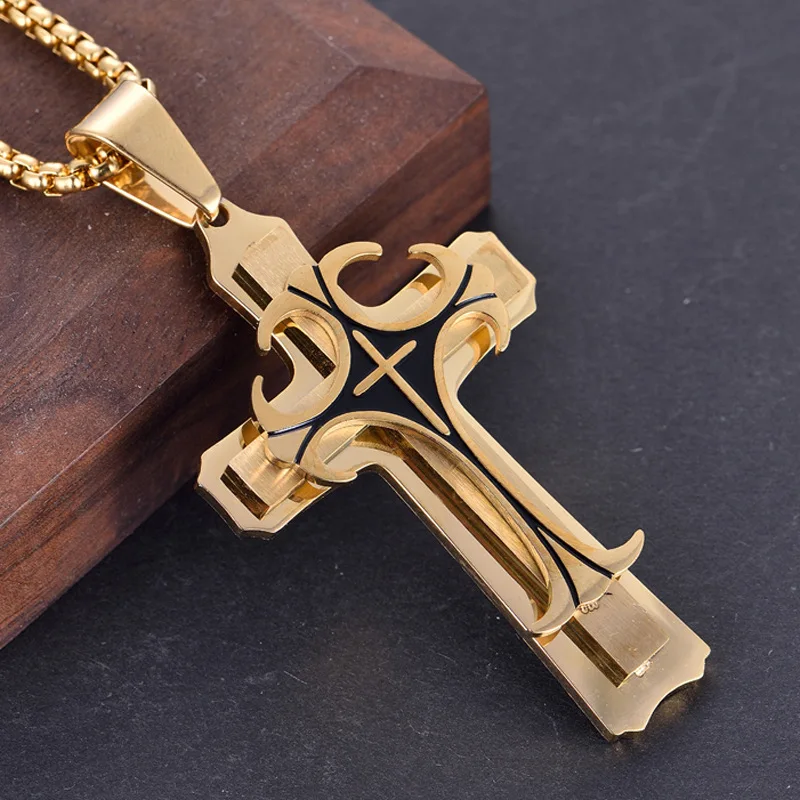 

New Fashion Stainless Steel Cross Necklaces Pendant Byzantine For Men Chain Gold Silver Color Hip Hop Necklace Male Jewelry Gift