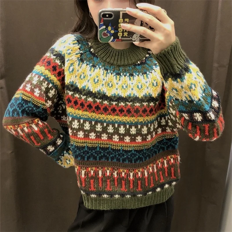 

Autumn and winter style reverse women's Jacquard long sleeve loose sweater knitted women's perfume