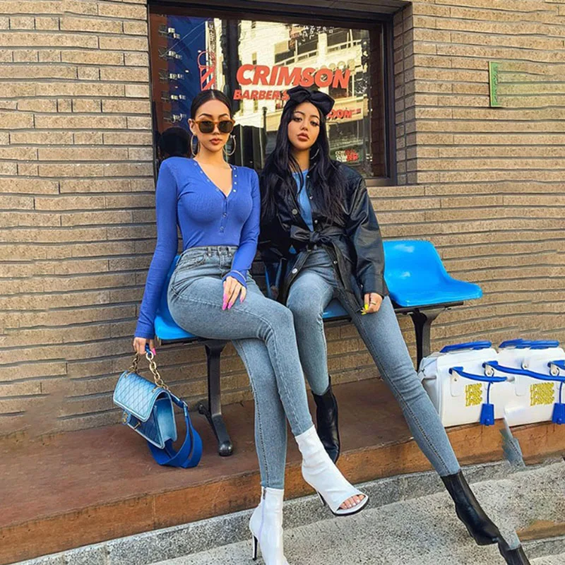 

Women's Jeans High Waist Stretch Skinny Denim Pants 2021Spring Autumn Blue Retro Washed Elastic Slim Pencil Trousers